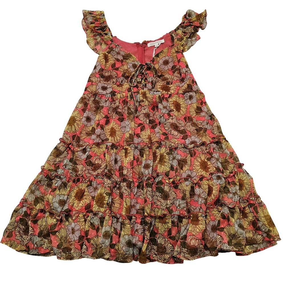 NWT Beyond Words Pink Floral Sunflower Tiered Ruffle Whimsical Mini Dress Sz M
